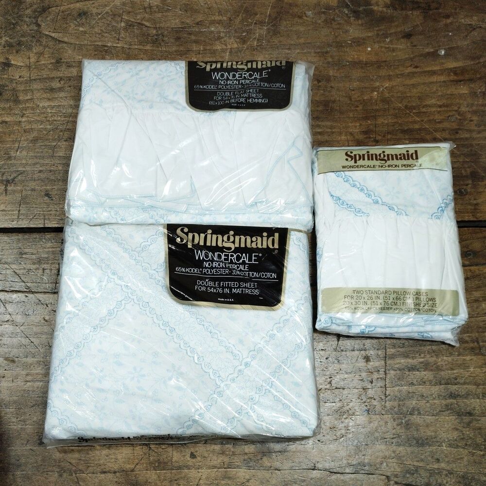 Vintage Springmaid Double Fitted Flat Sheet Two Standard Pillow Case NEW Blue